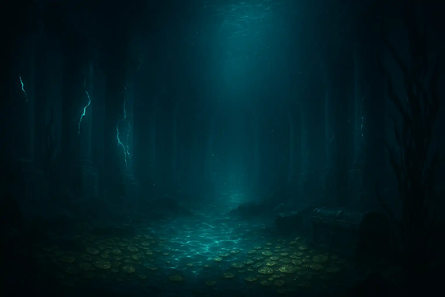 Sunken Atlantis treasury hall lit by bioluminescent turquoise light
