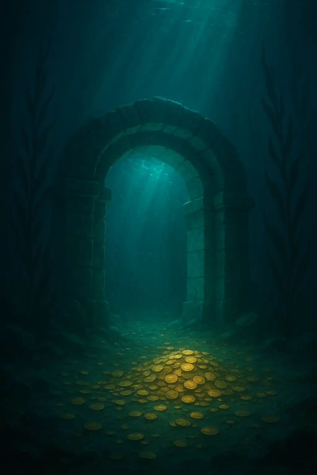 Glowing stone archway in a sunken Atlantis treasury lit by bioluminescent light